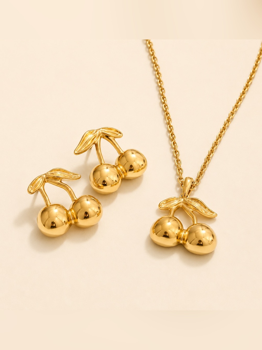 Gold Cherry Pendant Necklace&Earrings Set - Picture 2 of 14